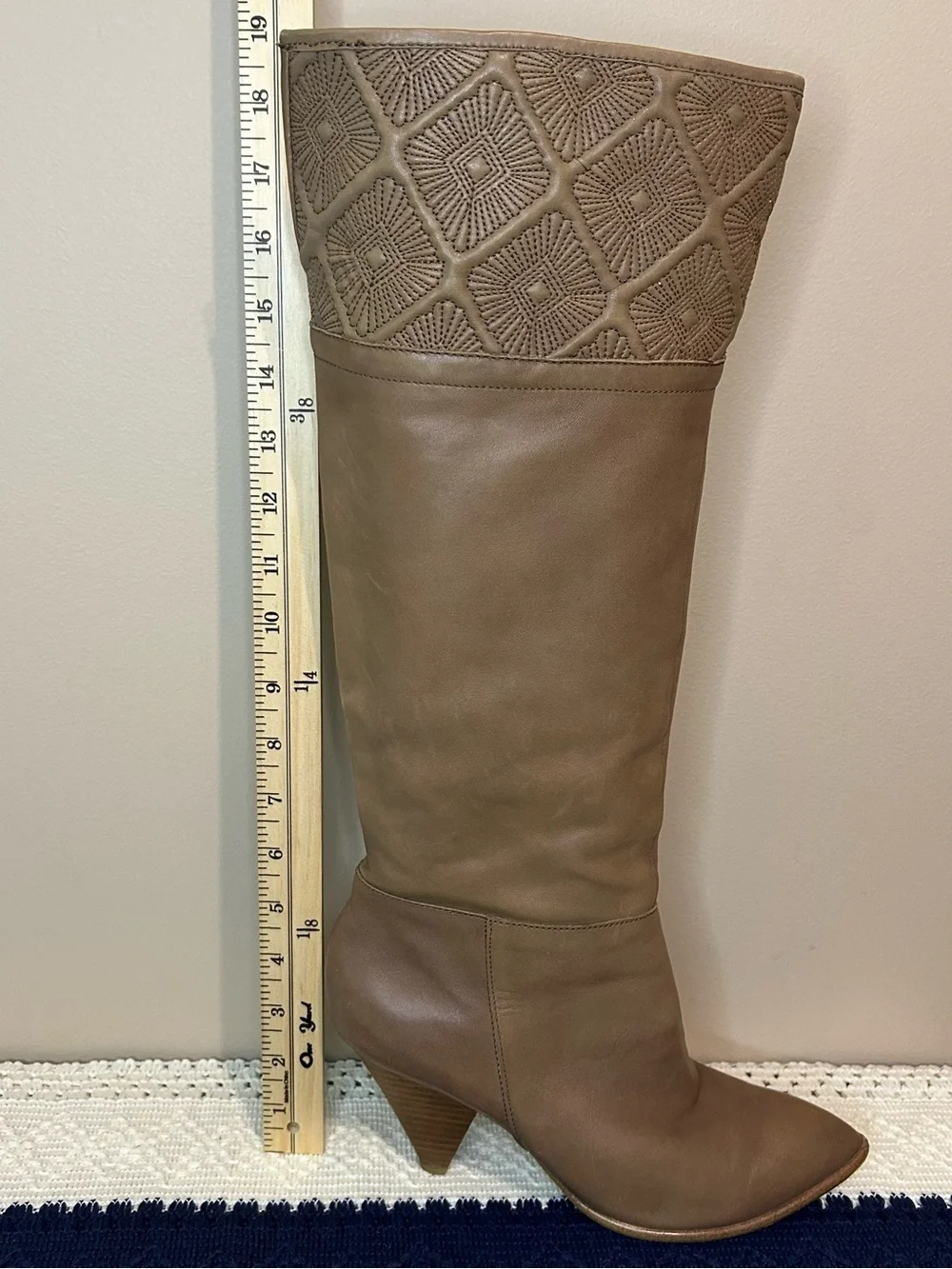 b. makowsky Taupe Over-the-Knee Leather Boots with Embroidered Cuff